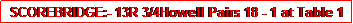 Text Box: SCOREBRIDGE:- 13R 3/4Howell Pairs 18 - 1 at Table 1 